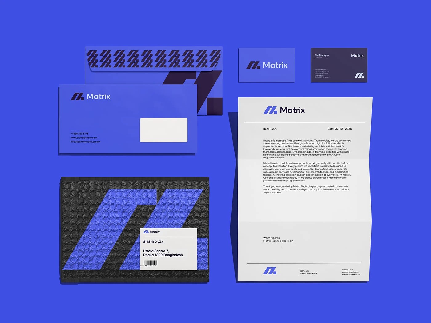 Matrix print collateral — business card and letterhead